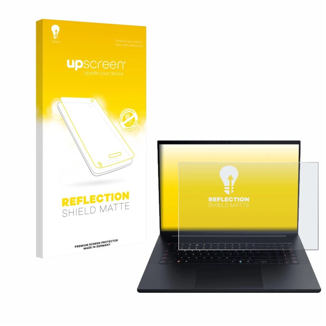 Vorderseite einer Produktverpackung mit dem Markenlogo upscreen. Daneben ist das Gerät Razer Blade 18 2025 mit dem zugehörigen