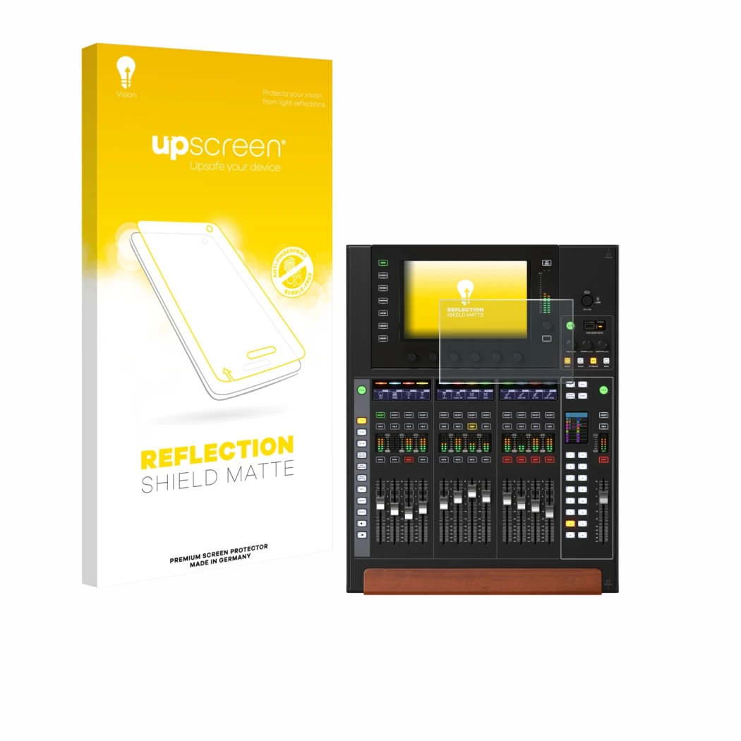 Vorderseite einer Produktverpackung mit dem Markenlogo upscreen. Daneben ist das Gerät Behringer Wing Compact mit dem zugehöri