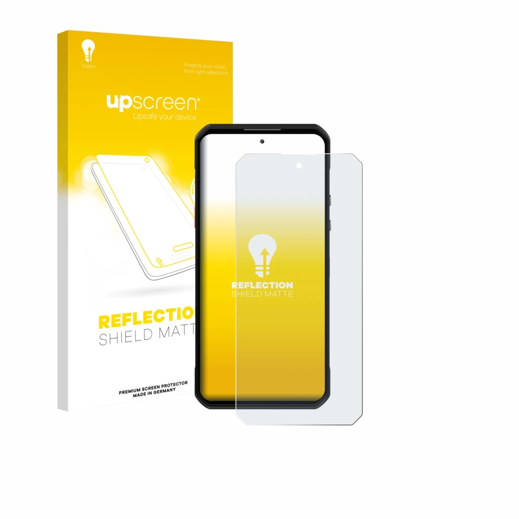 Vorderseite einer Produktverpackung mit dem Markenlogo upscreen. Daneben ist das Gerät Oukitel WP60 mit dem zugehörigen Displa