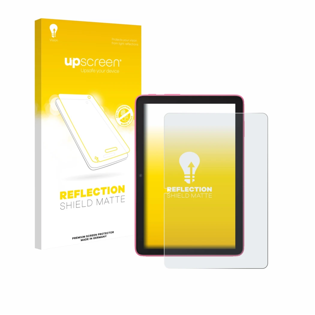 Vorderseite einer Produktverpackung mit dem Markenlogo upscreen. Daneben ist das Gerät Amazon Fire HD 8 2024 mit dem zugehörig