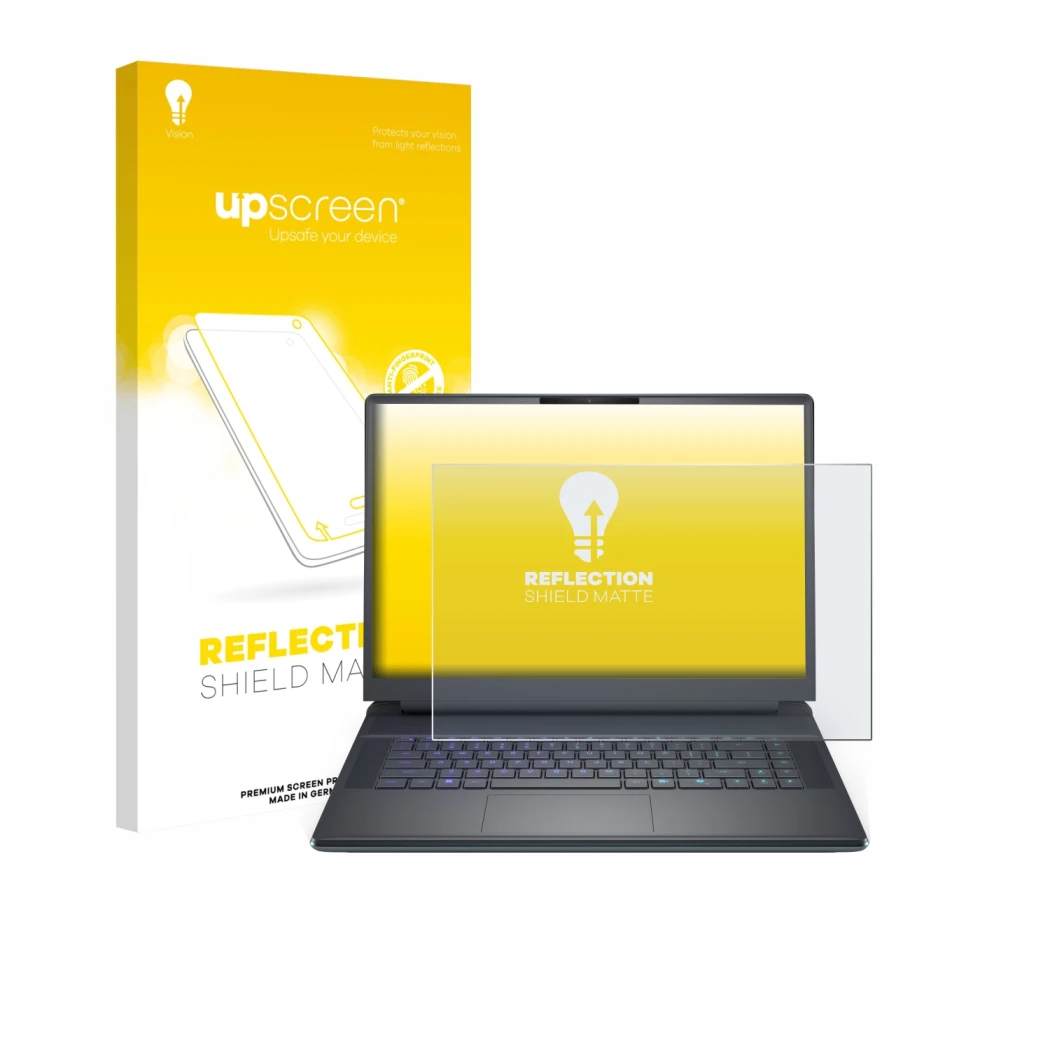 Vorderseite einer Produktverpackung mit dem Markenlogo upscreen. Daneben ist das Gerät Dell Alienware 16 Area-51 mit dem zugeh