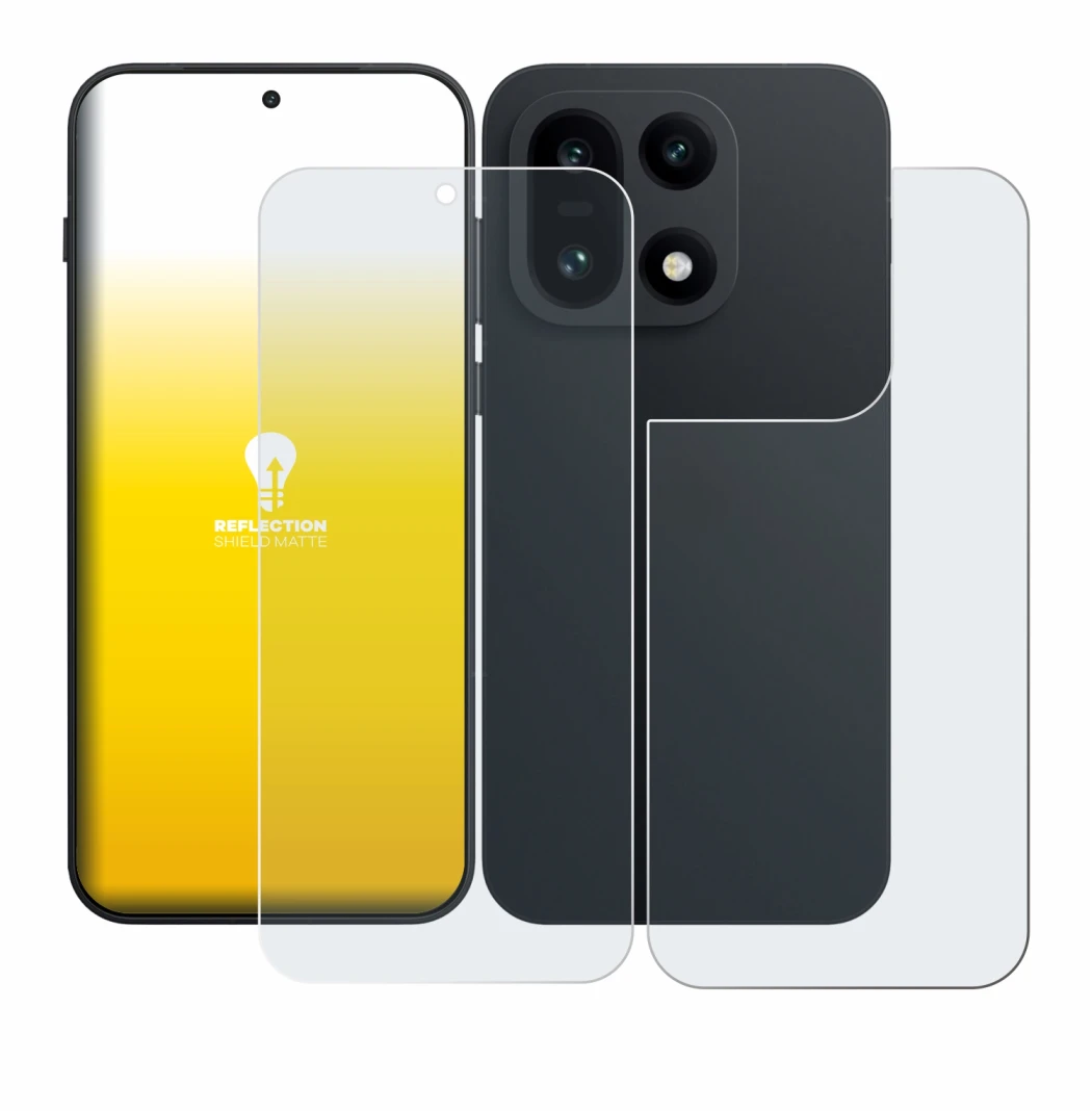 Abbildung des Geräts OnePlus 15 (Display+Rückseite) mit einer Vielzahl des Displayschutzes.