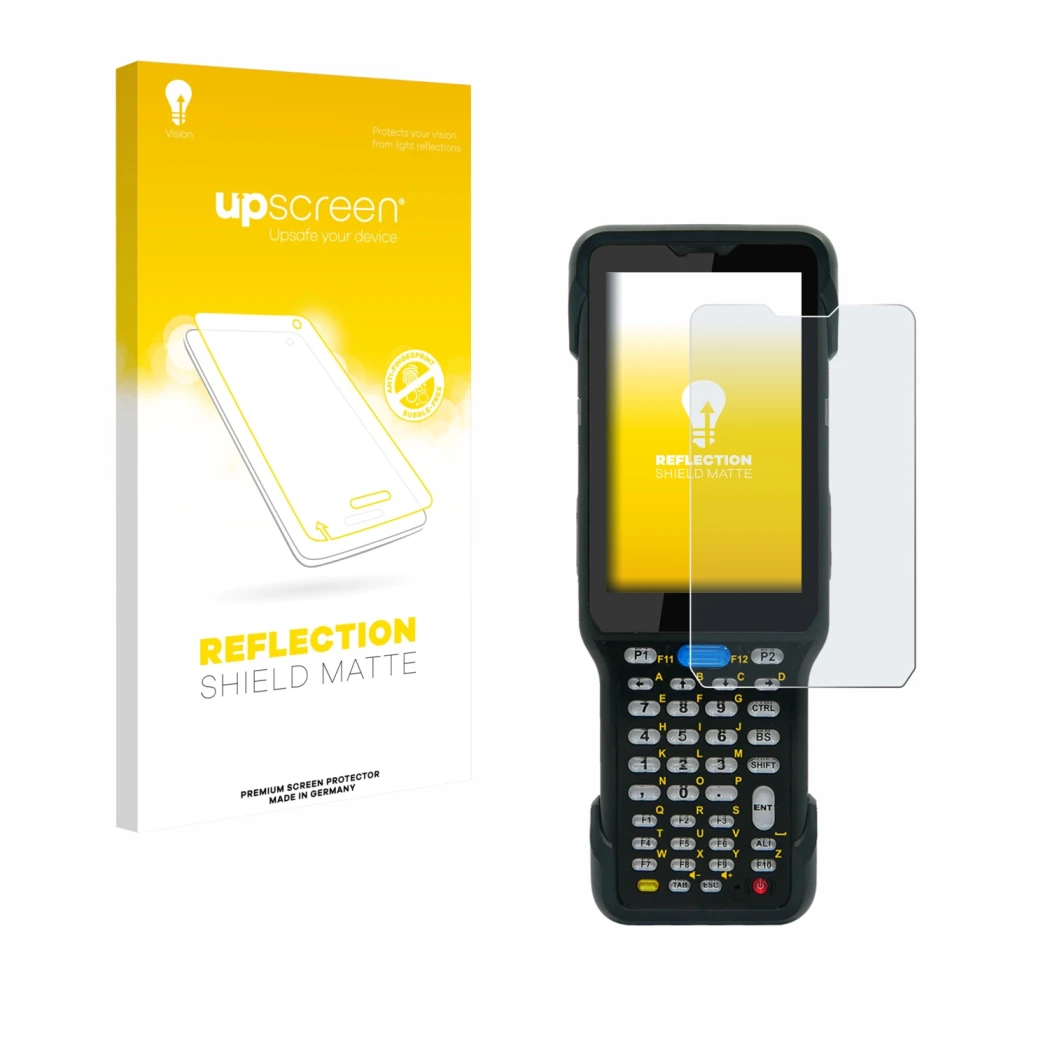 Vorderseite einer Produktverpackung mit dem Markenlogo upscreen. Daneben ist das Gerät Unitech HT730 mit dem zugehörigen Displ