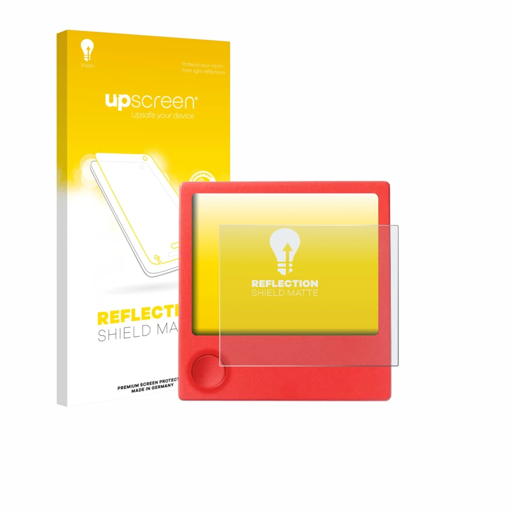 Vorderseite einer Produktverpackung mit dem Markenlogo upscreen. Daneben ist das Gerät PicPak E-Ink Display mit dem zugehörige