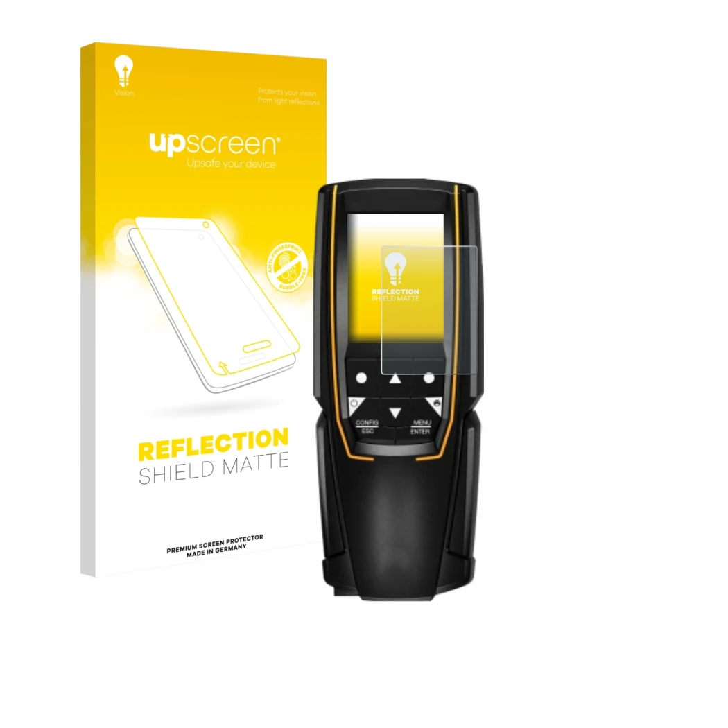 Vorderseite einer Produktverpackung mit dem Markenlogo upscreen. Daneben ist das Gerät Testo 310 (2. Gen.) mit dem zugehörigen