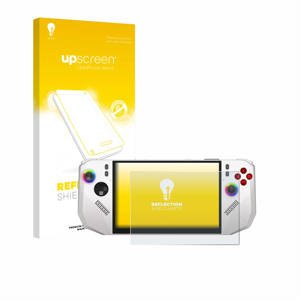 Vorderseite einer Produktverpackung mit dem Markenlogo upscreen. Daneben ist das Gerät MSI Claw A8 BZ2EM mit dem zugehörigen D