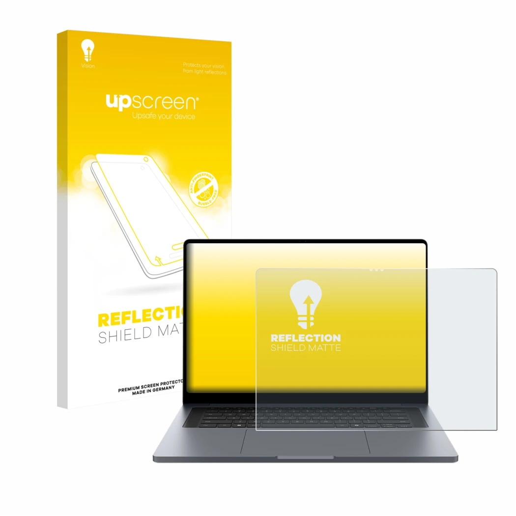 Vorderseite einer Produktverpackung mit dem Markenlogo upscreen. Daneben ist das Gerät Samsung Galaxy Book6 Ultra 16