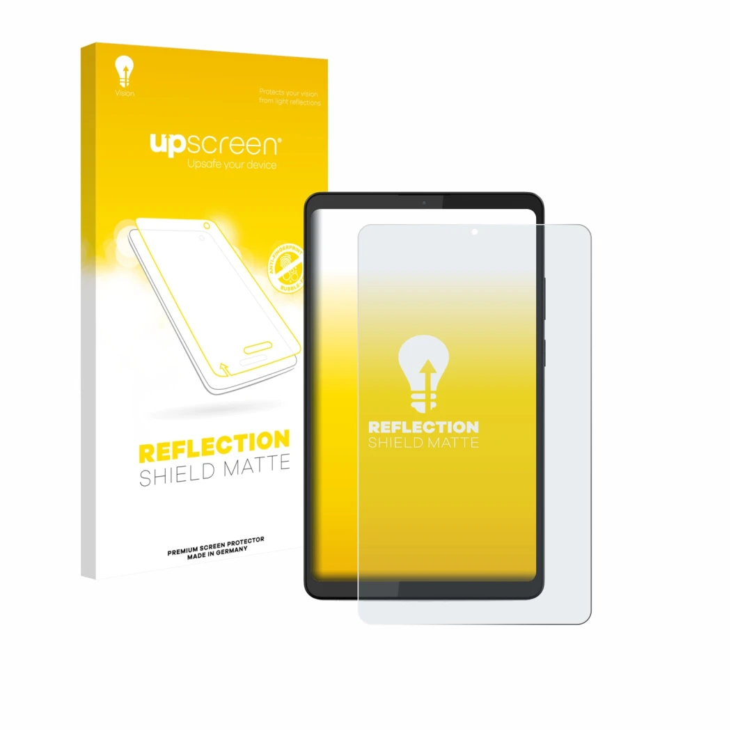 Vorderseite einer Produktverpackung mit dem Markenlogo upscreen. Daneben ist das Gerät Lenovo Tab K9 mit dem zugehörigen Displ