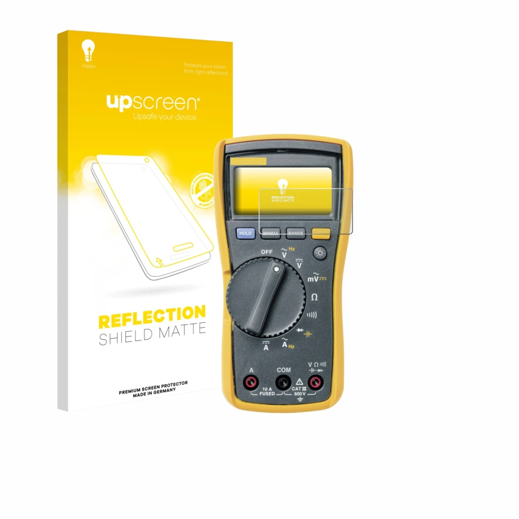 Vorderseite einer Produktverpackung mit dem Markenlogo upscreen. Daneben ist das Gerät Fluke 115 mit dem zugehörigen Displaysc