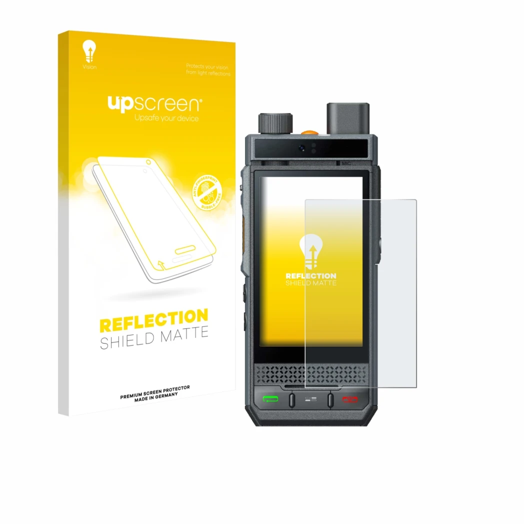 Vorderseite einer Produktverpackung mit dem Markenlogo upscreen. Daneben ist das Gerät Hytera P60 mit dem zugehörigen Displays