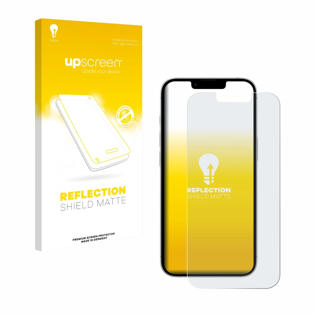 Vorderseite einer Produktverpackung mit dem Markenlogo upscreen. Daneben ist das Gerät Apple iPhone 17e mit dem zugehörigen Di