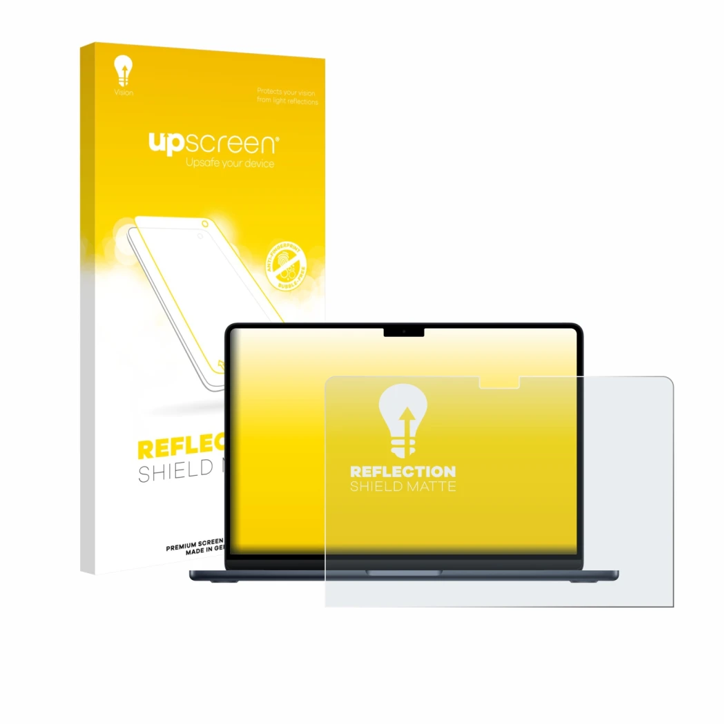Vorderseite einer Produktverpackung mit dem Markenlogo upscreen. Daneben ist das Gerät Apple MacBook Air 13