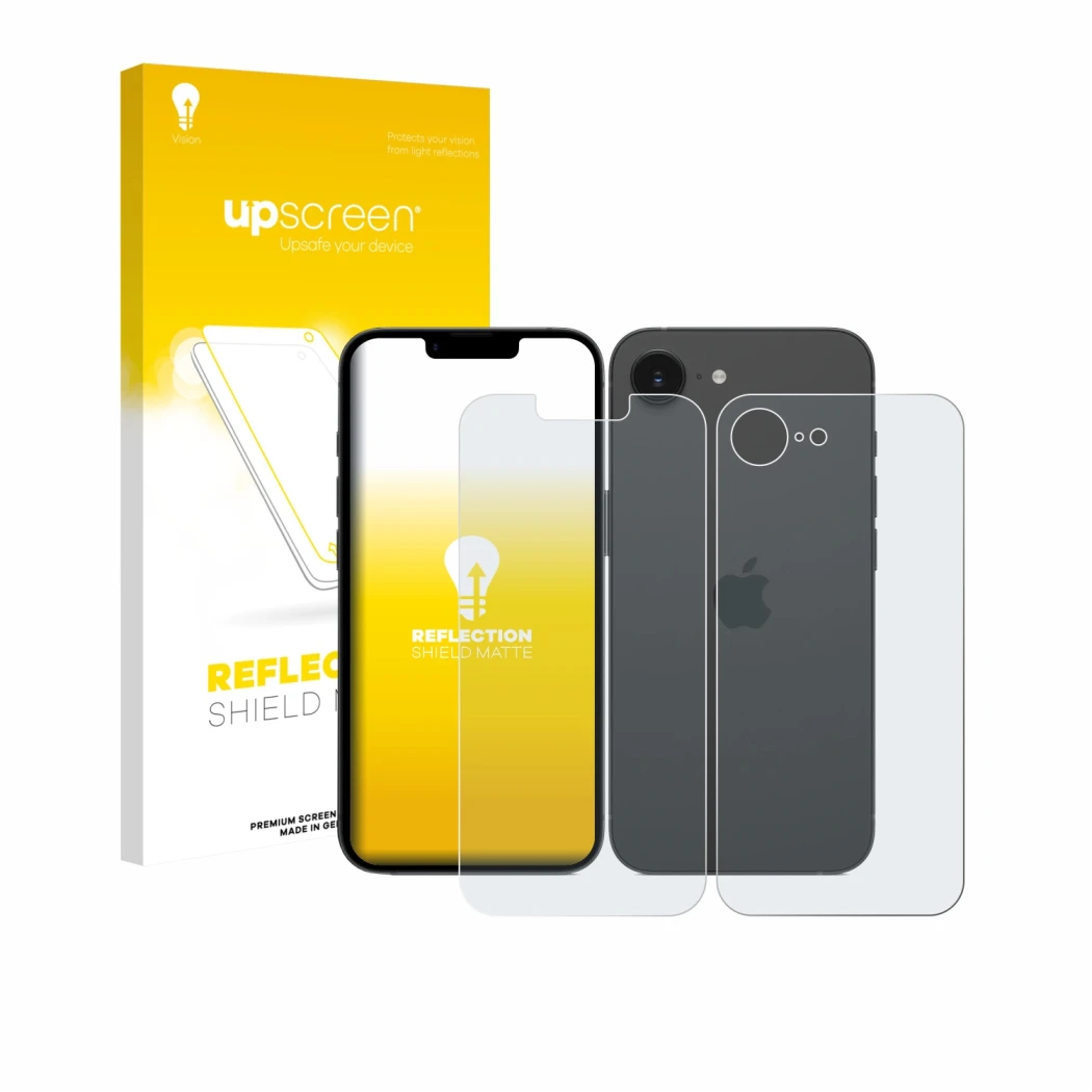 Vorderseite einer Produktverpackung mit dem Markenlogo upscreen. Daneben ist das Gerät Apple iPhone 17e (Display+Rückseite) mi