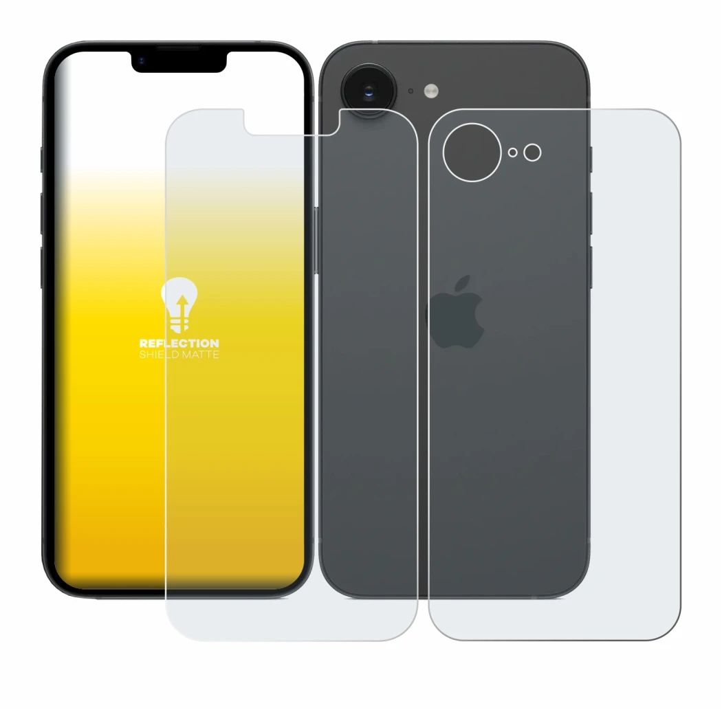 Abbildung des Geräts Apple iPhone 17e (Display+Rückseite) mit einer Vielzahl des Displayschutzes.