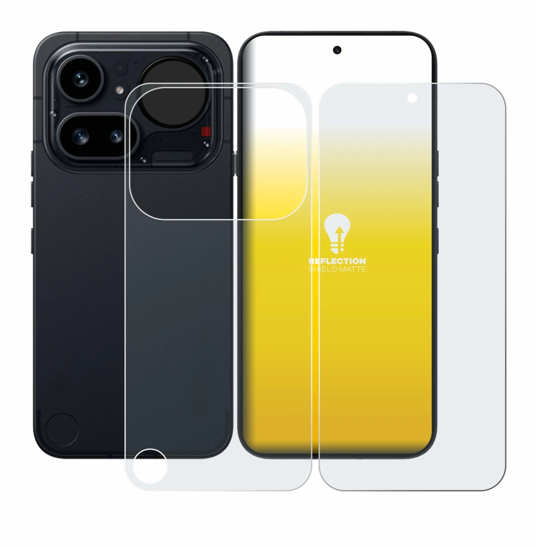 Abbildung des Geräts Nothing Phone (4a) Pro (Display+Rückseite) mit einer Vielzahl des Displayschutzes.