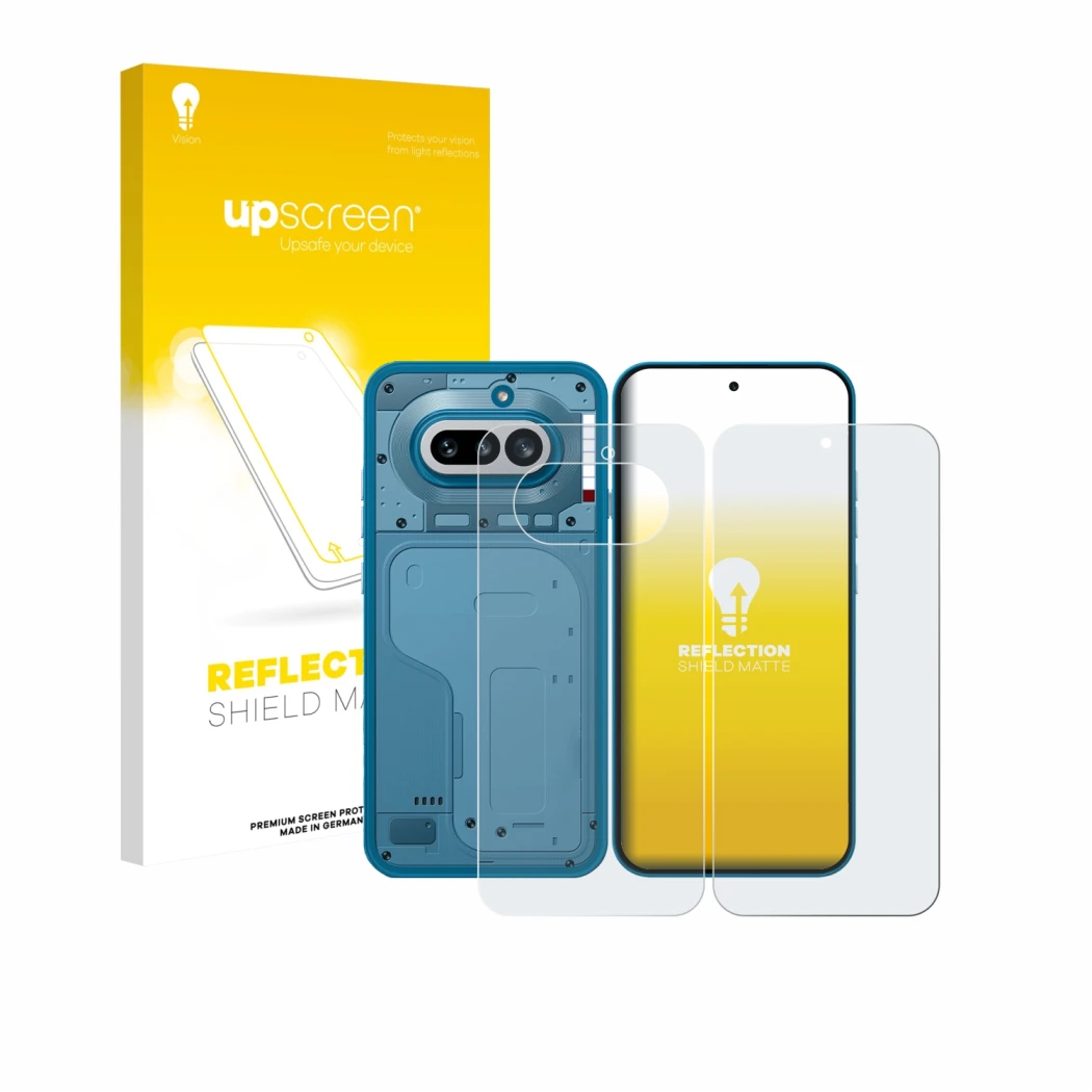 Vorderseite einer Produktverpackung mit dem Markenlogo upscreen. Daneben ist das Gerät Nothing Phone (4a) (Display+Rückseite) 