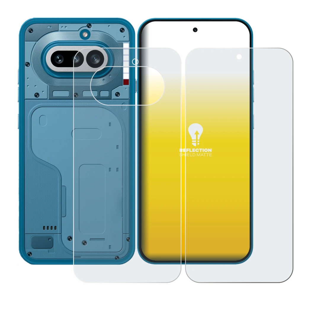 Abbildung des Geräts Nothing Phone (4a) (Display+Rückseite) mit einer Vielzahl des Displayschutzes.