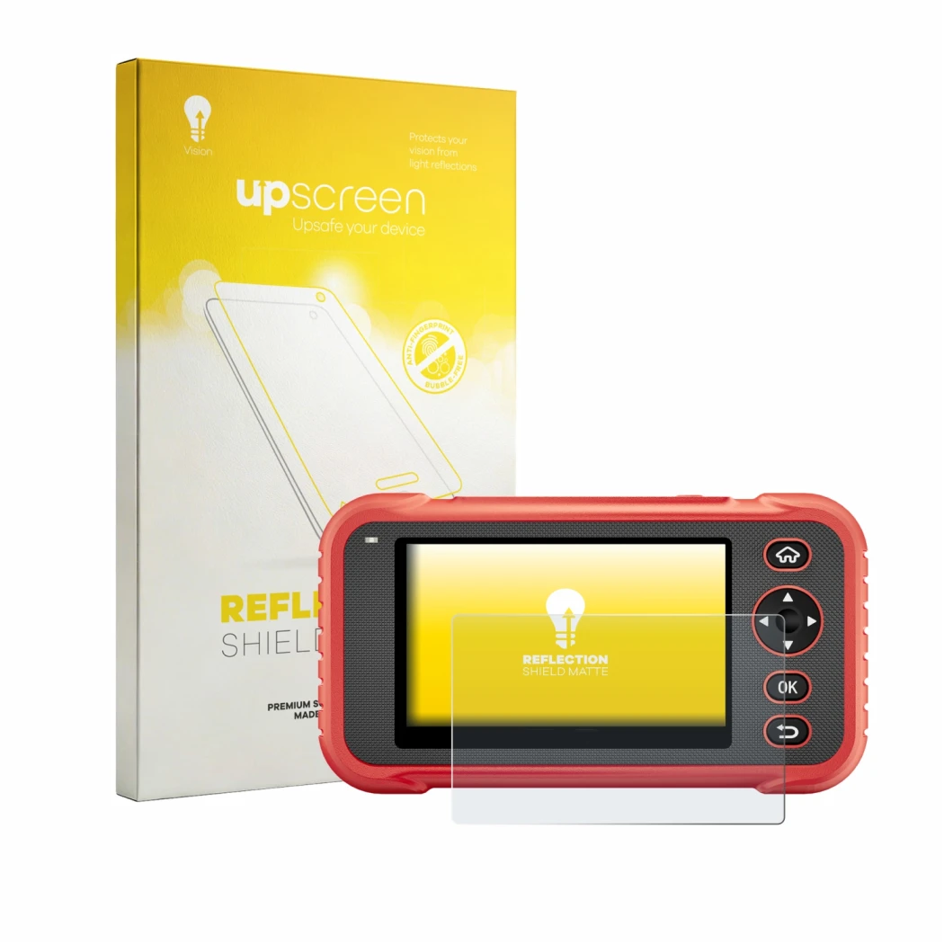Vorderseite einer Produktverpackung mit dem Markenlogo upscreen. Daneben ist das Gerät Launch CRP129E Plus mit dem zugehörigen