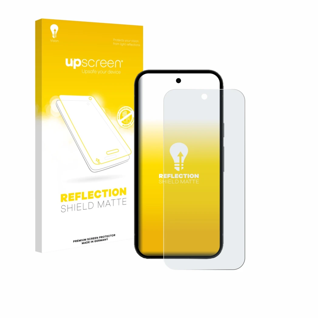 Vorderseite einer Produktverpackung mit dem Markenlogo upscreen. Daneben ist das Gerät Google Pixel 10a (case-friendly) mit de