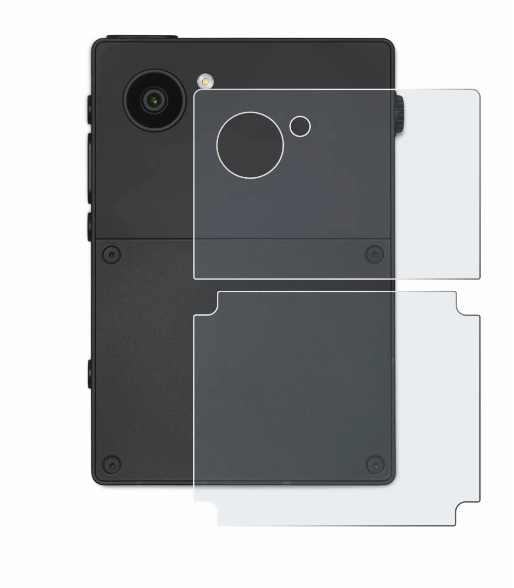 Abbildung des Geräts Light Phone 3 (Rückseite) mit einer Vielzahl des Displayschutzes.