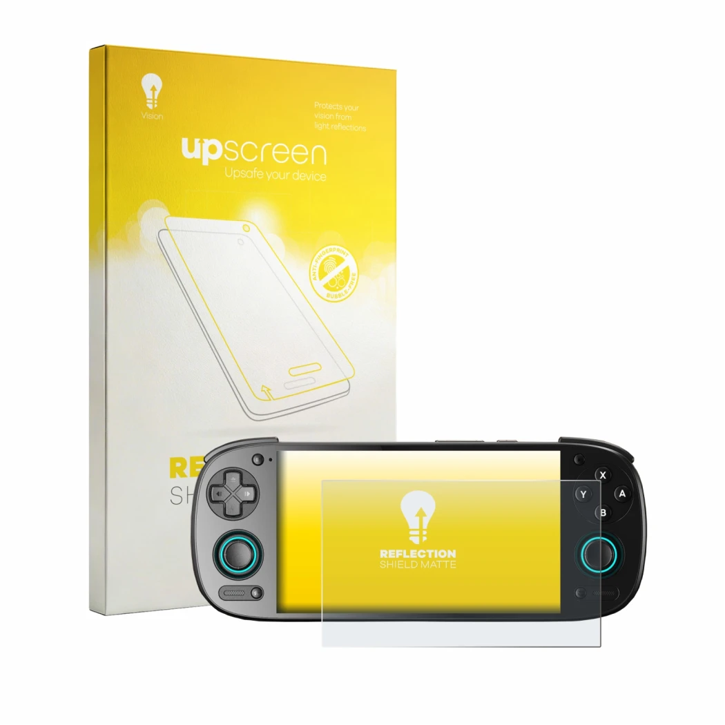 Vorderseite einer Produktverpackung mit dem Markenlogo upscreen. Daneben ist das Gerät Retroid Pocket 5 mit dem zugehörigen Di