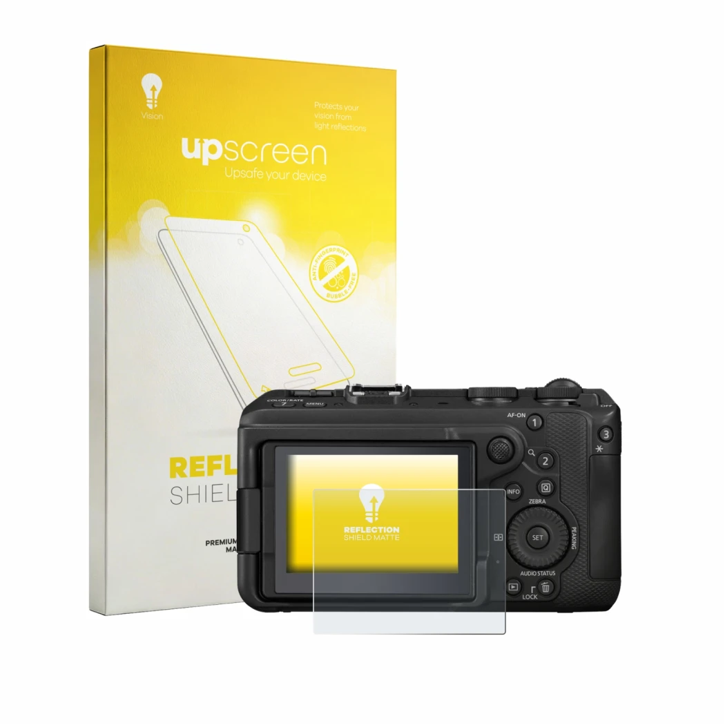 Vorderseite einer Produktverpackung mit dem Markenlogo upscreen. Daneben ist das Gerät Canon EOS R6 V mit dem zugehörigen Disp