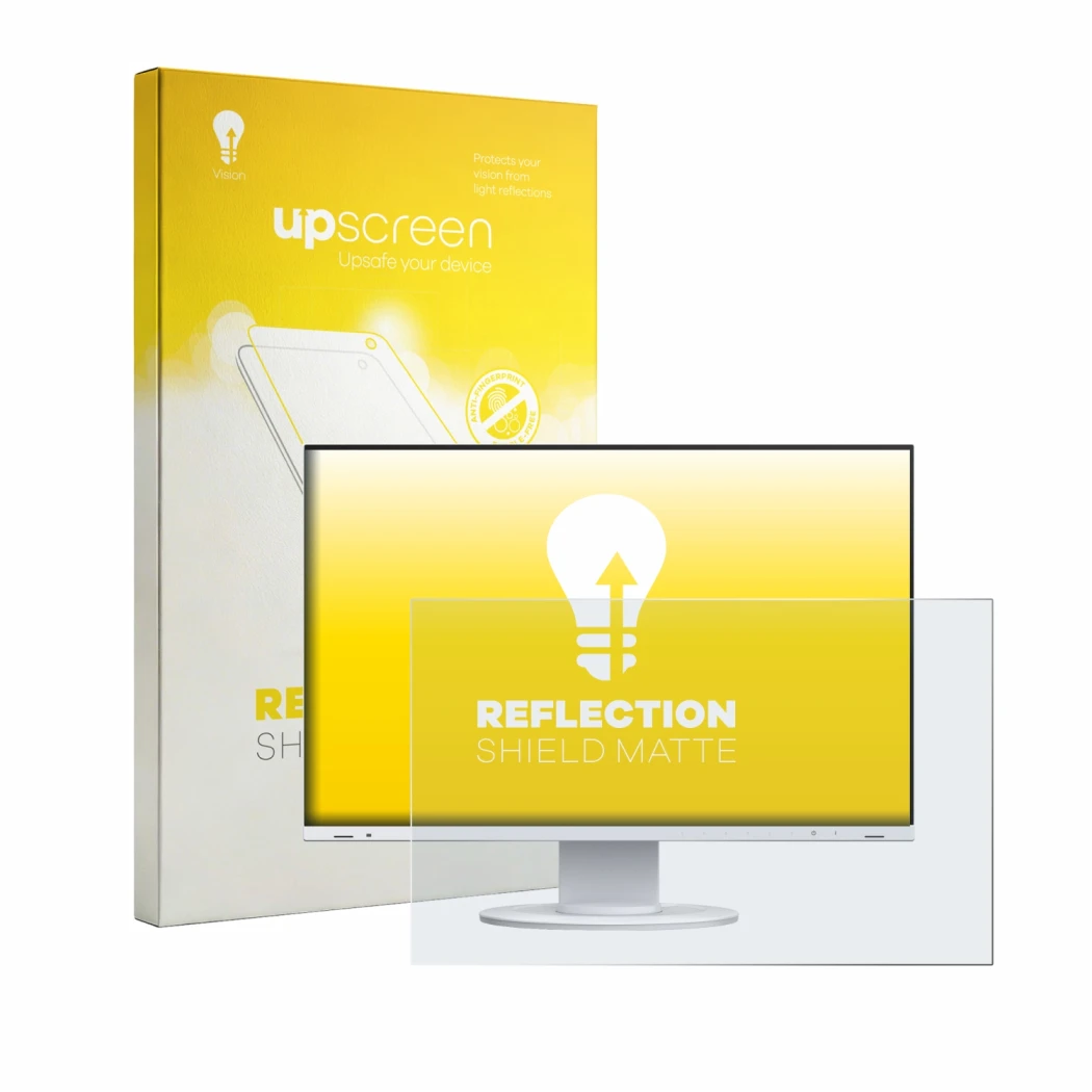 Vorderseite einer Produktverpackung mit dem Markenlogo upscreen. Daneben ist das Gerät Eizo Flexscan EV2410R mit dem zugehörig