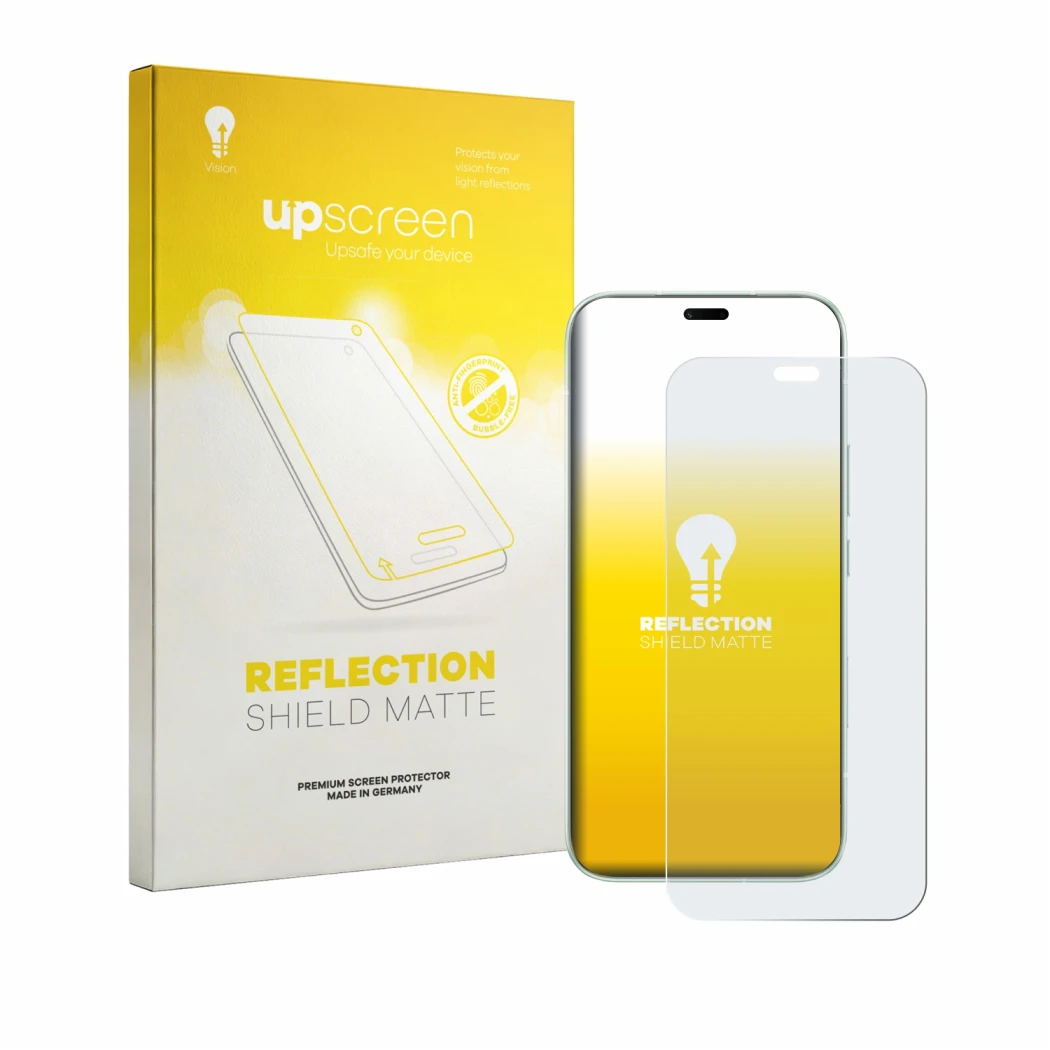 Vorderseite einer Produktverpackung mit dem Markenlogo upscreen. Daneben ist das Gerät Honor 600e mit dem zugehörigen Displays