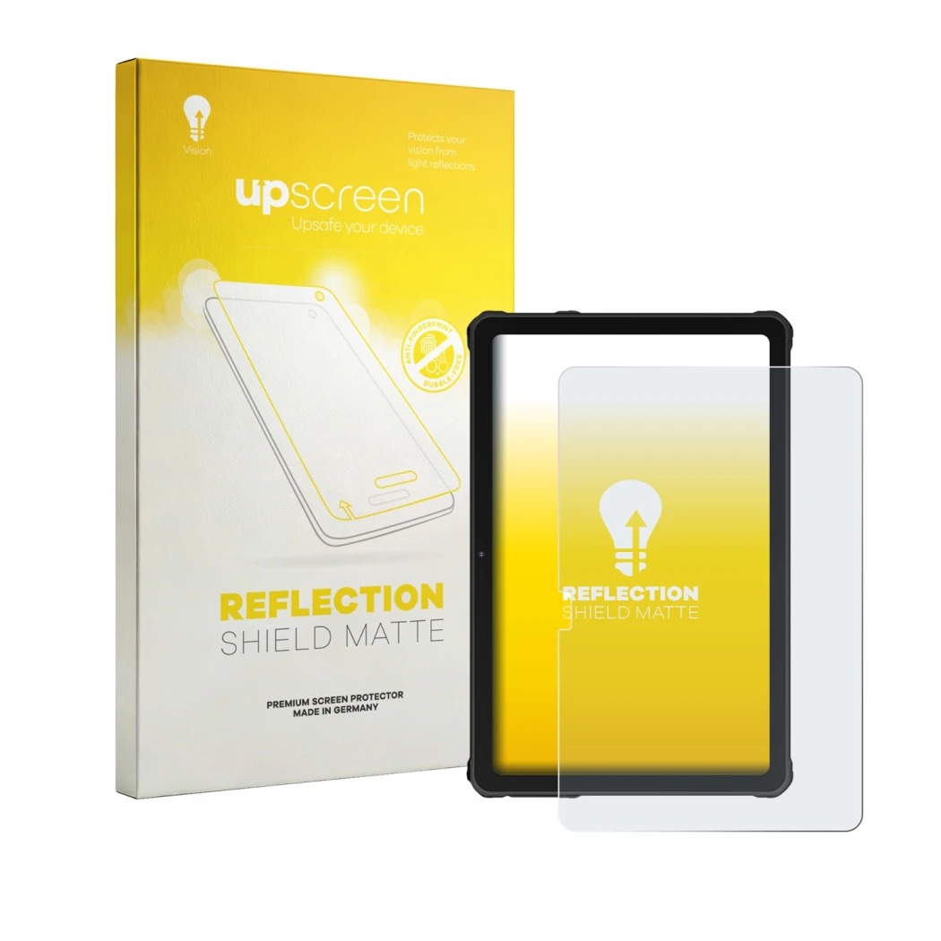 Vorderseite einer Produktverpackung mit dem Markenlogo upscreen. Daneben ist das Gerät Oukitel RT10 mit dem zugehörigen Displa