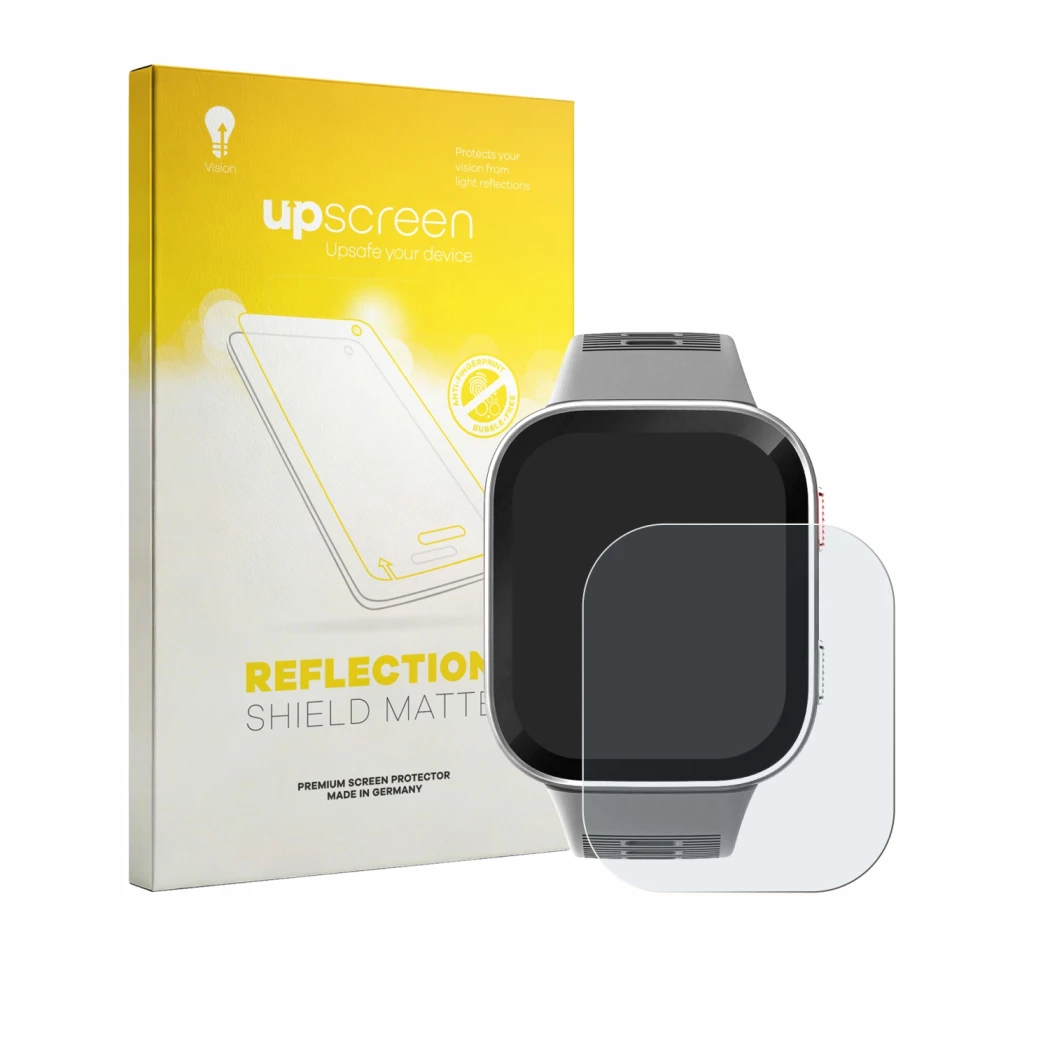 Vorderseite einer Produktverpackung mit dem Markenlogo upscreen. Daneben ist das Gerät Amazfit Bip Max mit dem zugehörigen Dis