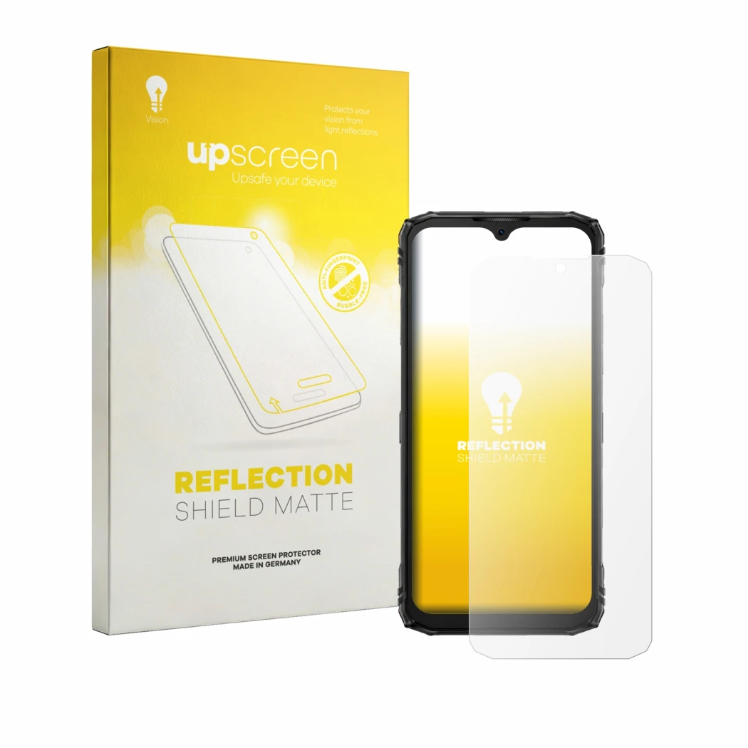 Vorderseite einer Produktverpackung mit dem Markenlogo upscreen. Daneben ist das Gerät Doogee Blade 10 Pro Energy mit dem zuge