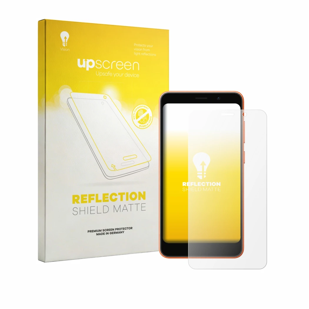 Vorderseite einer Produktverpackung mit dem Markenlogo upscreen. Daneben ist das Gerät Ulefone Note 22 mit dem zugehörigen Dis