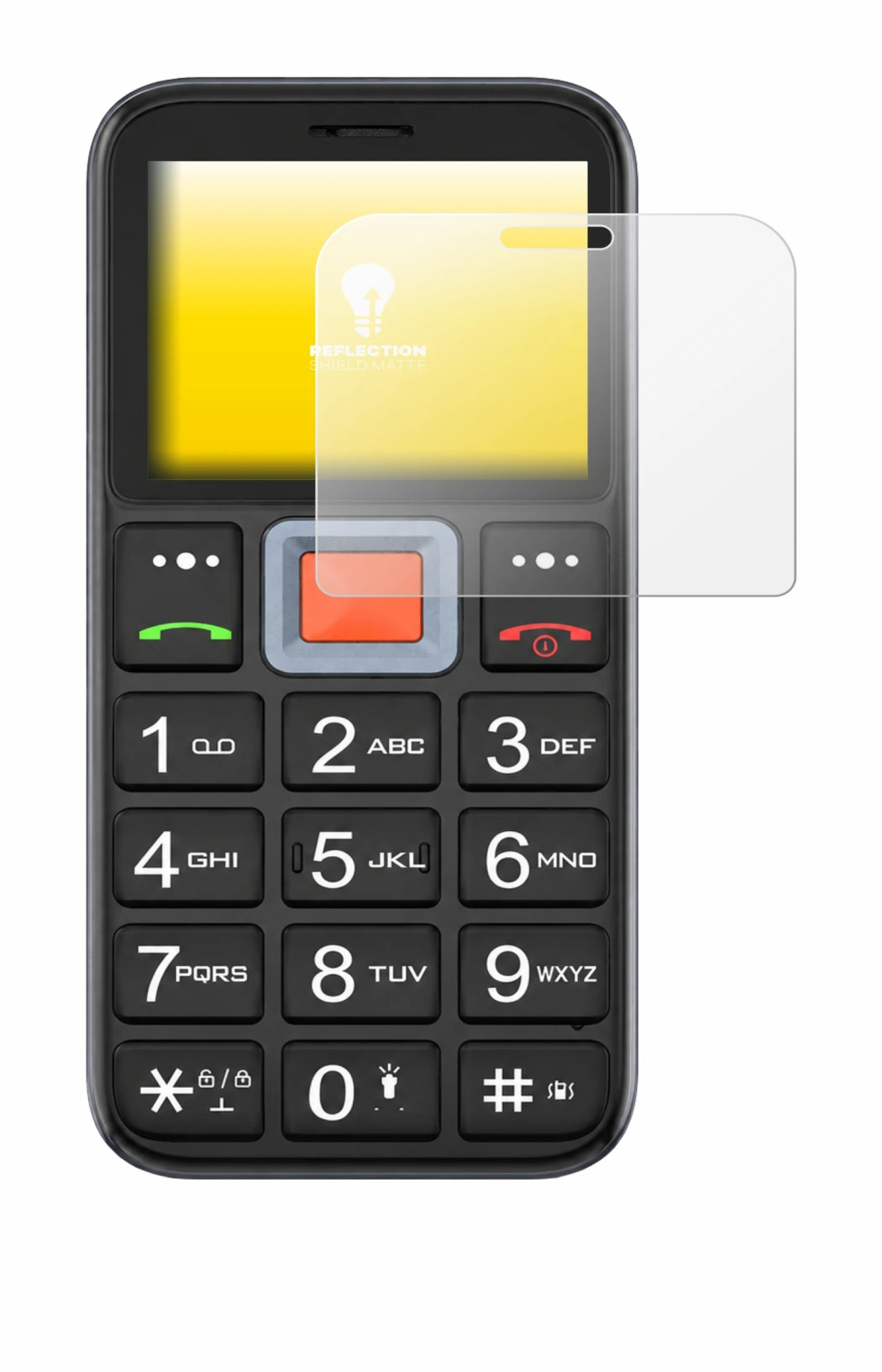 Abbildung des Geräts Easyfone Prime A5 mit einer Vielzahl des Displayschutzes.