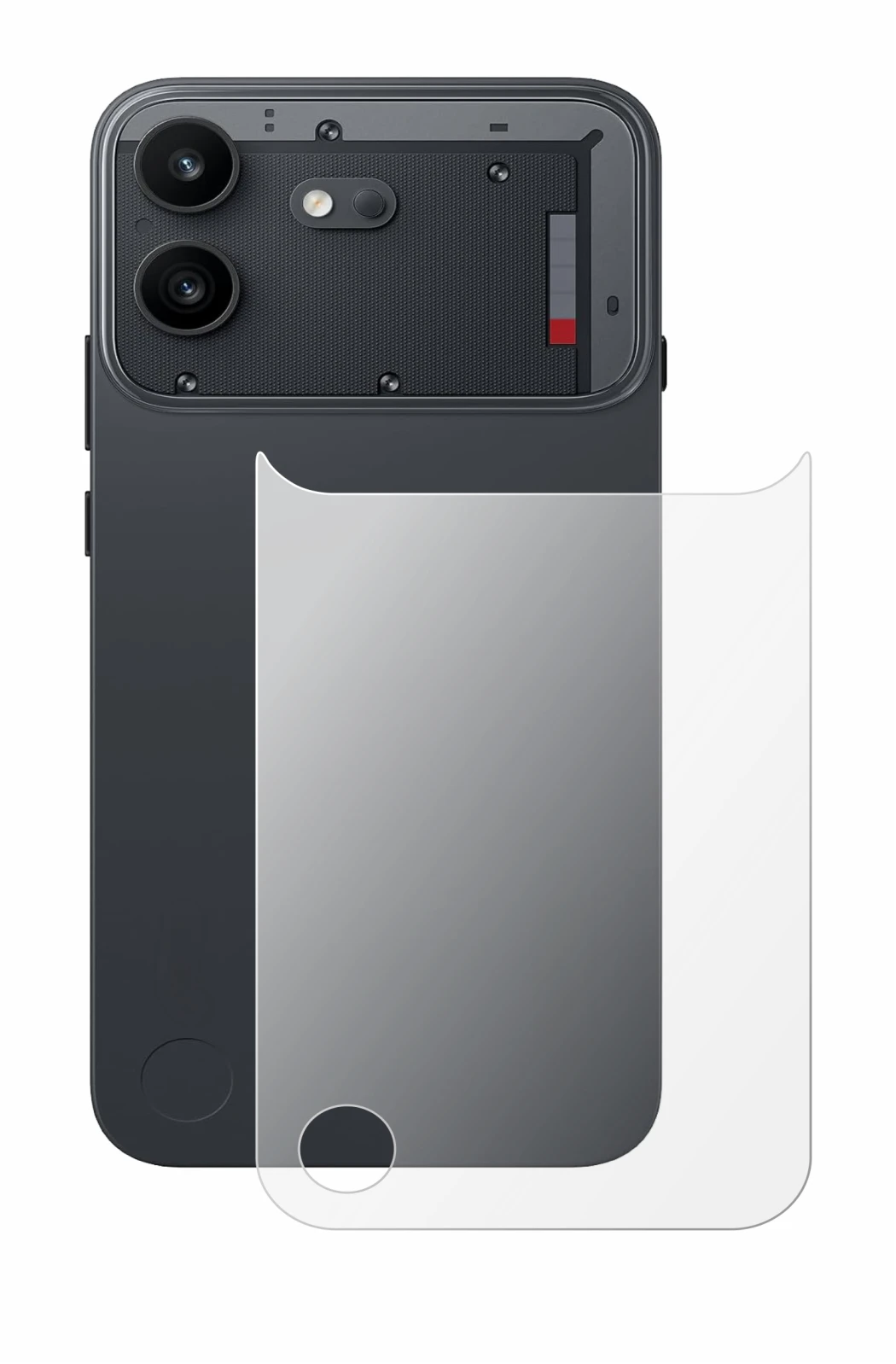 Abbildung des Geräts Nothing Phone (4b) (Rückseite) mit einer Vielzahl des Displayschutzes.