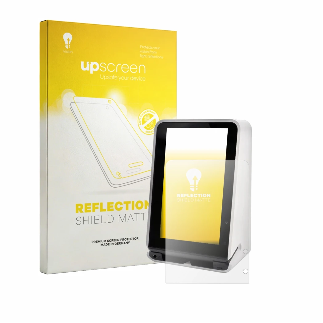 Vorderseite einer Produktverpackung mit dem Markenlogo upscreen. Daneben ist das Gerät SENVEND UX700 mit dem zugehörigen Displ