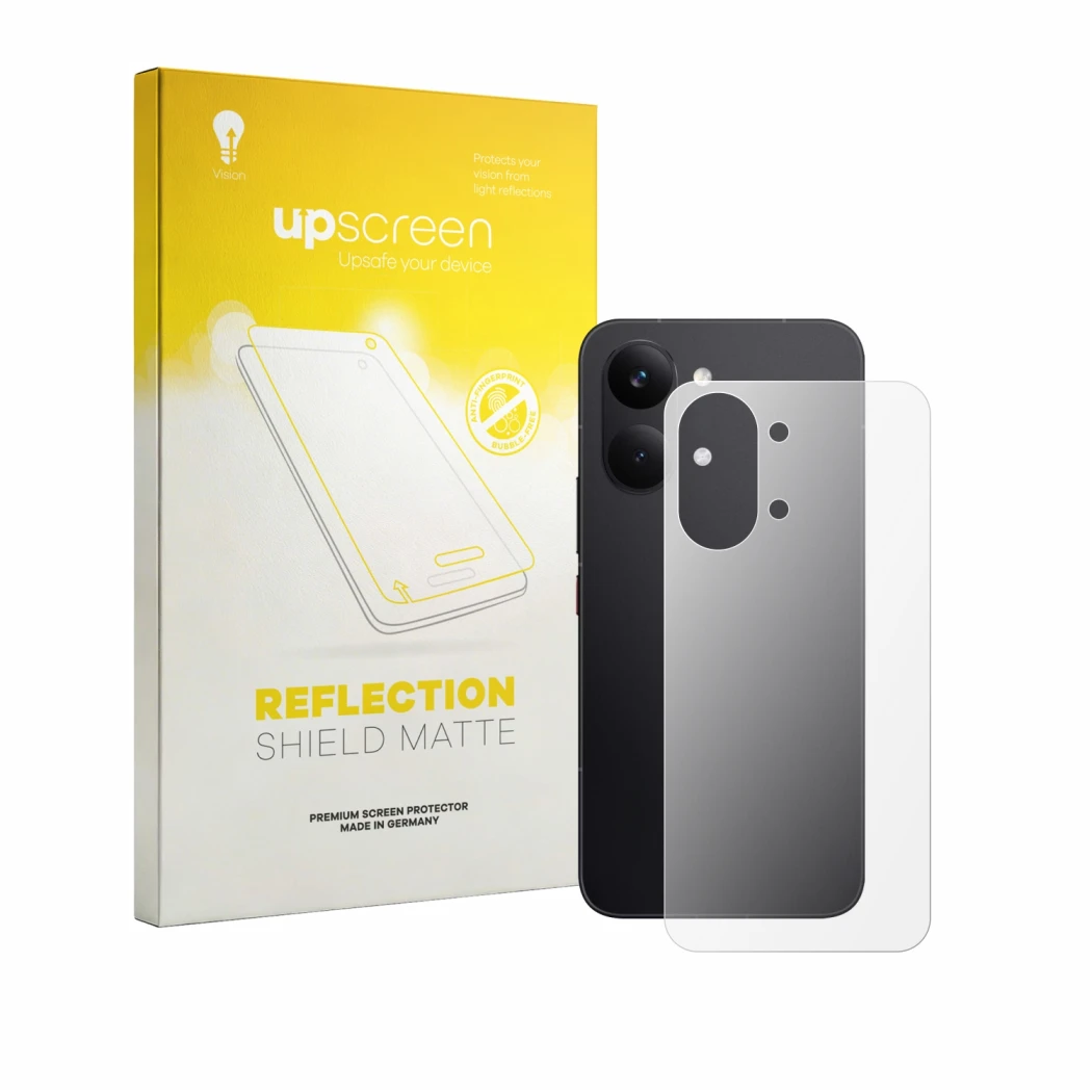 Vorderseite einer Produktverpackung mit dem Markenlogo upscreen. Daneben ist das Gerät Xiaomi Poco X8 Pro Max (Rückseite) mit