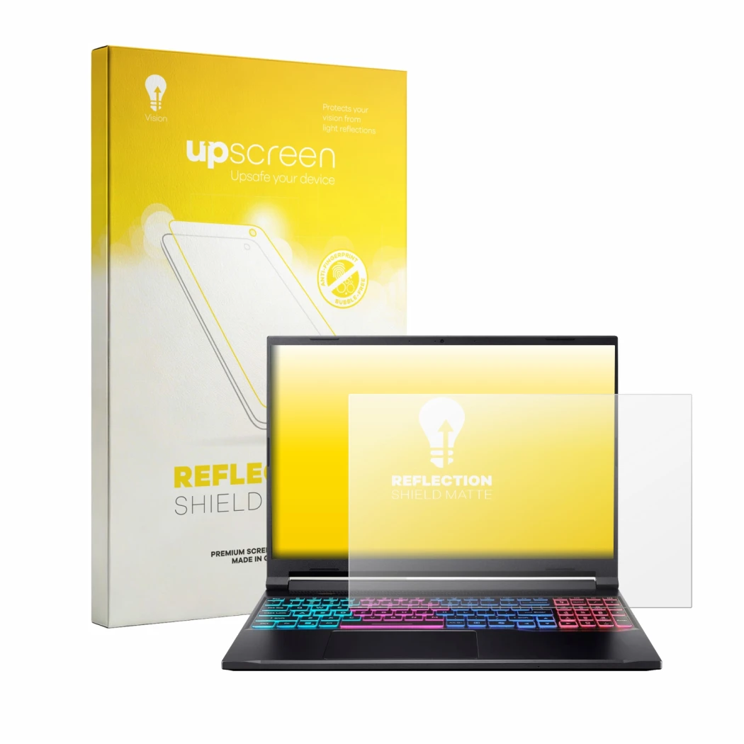 Vorderseite einer Produktverpackung mit dem Markenlogo upscreen. Daneben ist das Gerät Acer Nitro V16S mit dem zugehörigen Dis