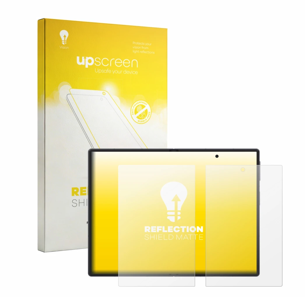 Vorderseite einer Produktverpackung mit dem Markenlogo upscreen. Daneben ist das Gerät Samsung Galaxy Z Fold 8 (Inneres Displa
