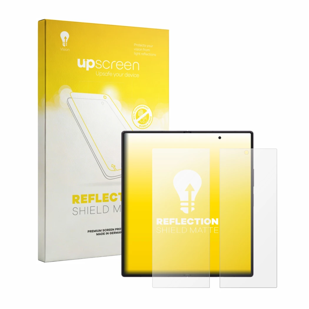Vorderseite einer Produktverpackung mit dem Markenlogo upscreen. Daneben ist das Gerät Samsung Galaxy Z Fold 8 Ultra (Inneres 