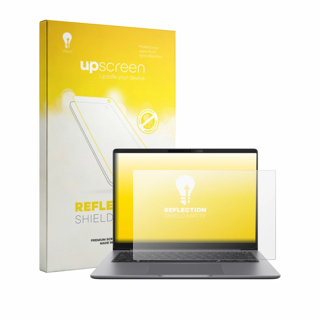 Vorderseite einer Produktverpackung mit dem Markenlogo upscreen. Daneben ist das Gerät ASUS ExpertBook PM3 mit dem zugehörigen