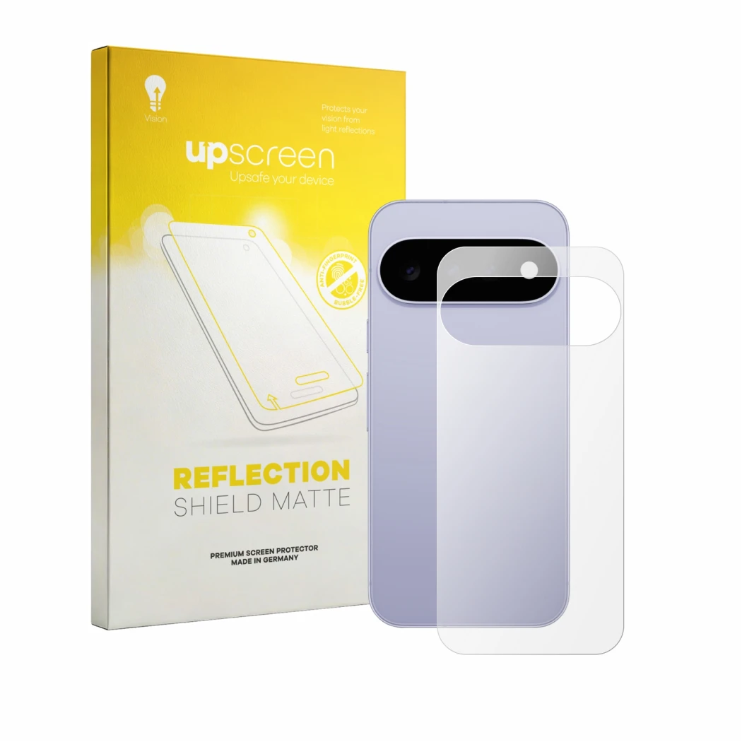 Vorderseite einer Produktverpackung mit dem Markenlogo upscreen. Daneben ist das Gerät Google Pixel 11 (Rückseite) mit dem zug