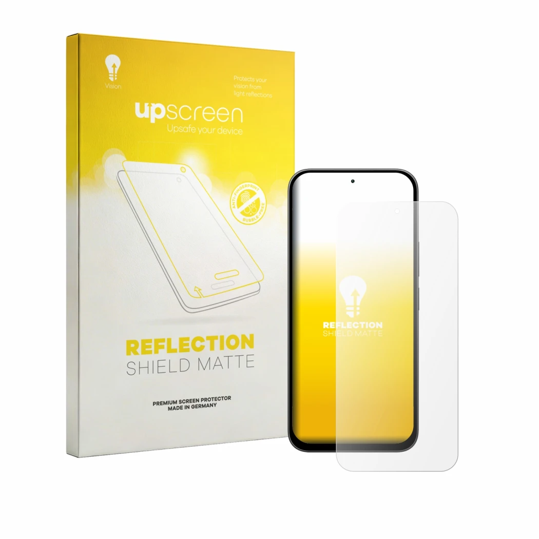 Vorderseite einer Produktverpackung mit dem Markenlogo upscreen. Daneben ist das Gerät Xiaomi Redmi 17 mit dem zugehörigen Dis