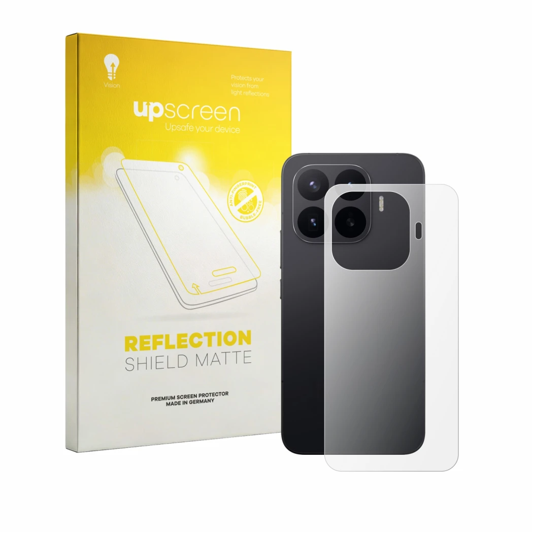 Vorderseite einer Produktverpackung mit dem Markenlogo upscreen. Daneben ist das Gerät Xiaomi 17T Pro (Rückseite) mit dem zuge