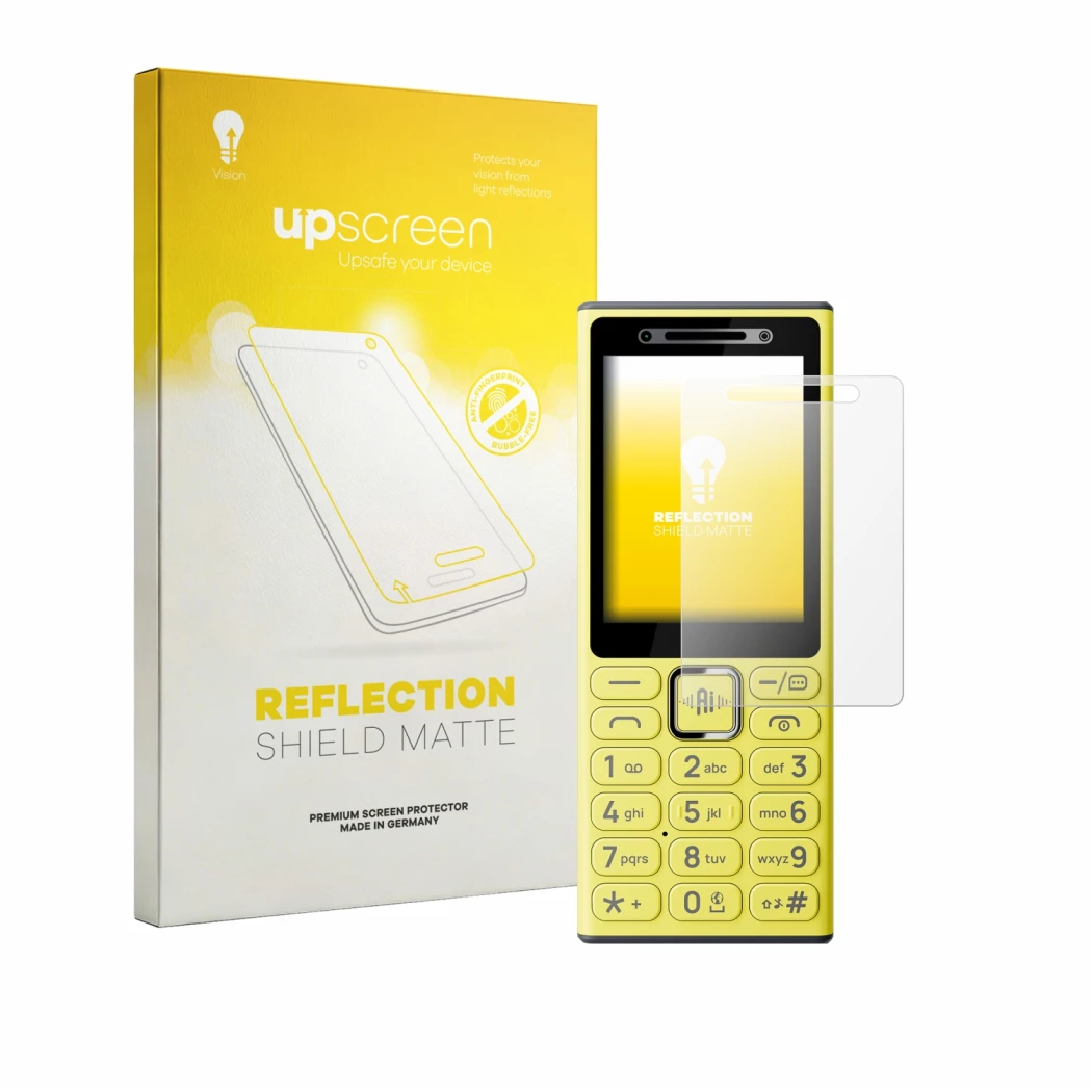 Vorderseite einer Produktverpackung mit dem Markenlogo upscreen. Daneben ist das Gerät Nokia 200 4G mit dem zugehörigen Displa