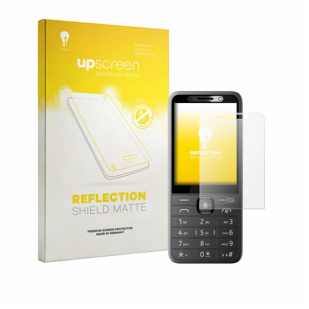 Vorderseite einer Produktverpackung mit dem Markenlogo upscreen. Daneben ist das Gerät Nokia 235 4G (2026) mit dem zugehörigen