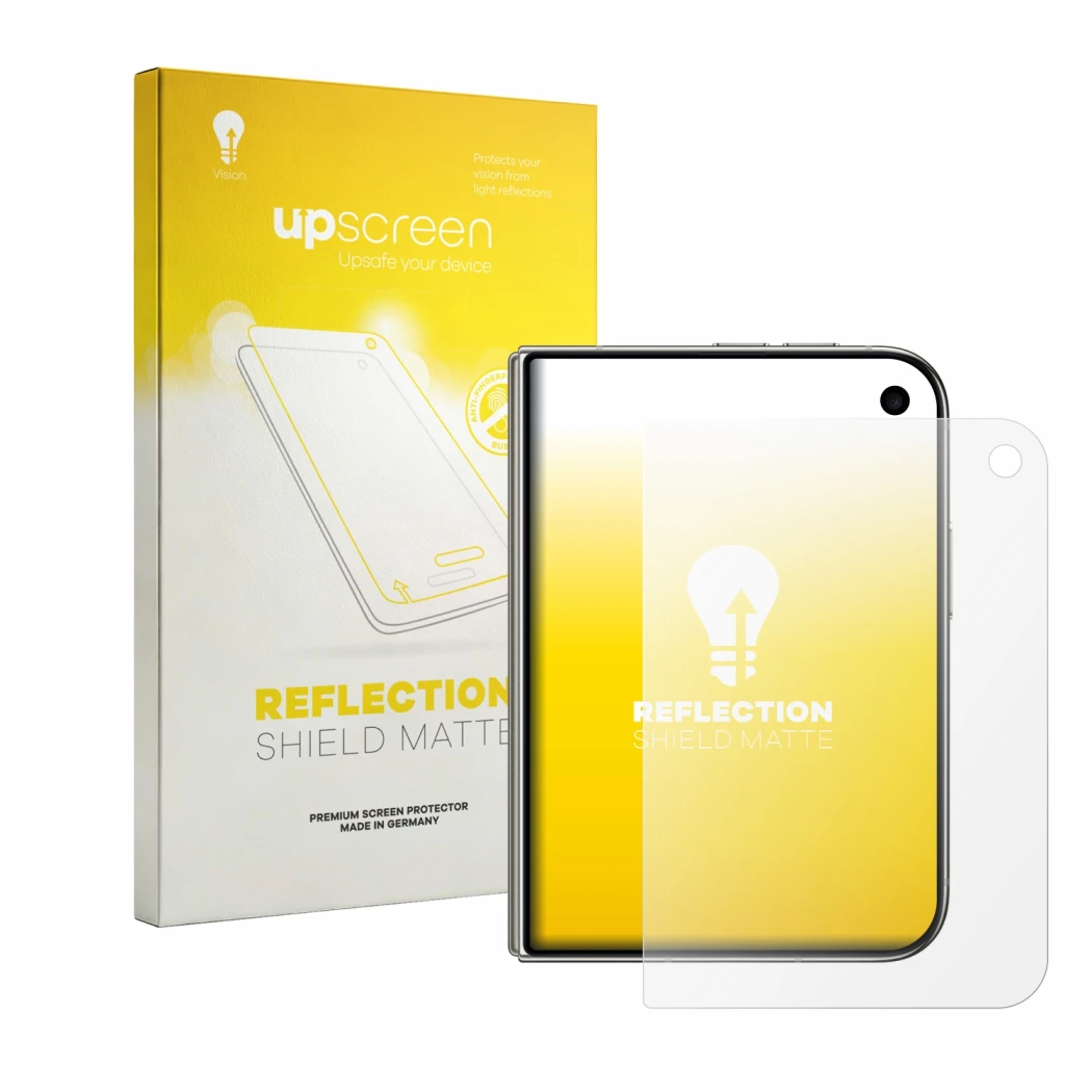 Vorderseite einer Produktverpackung mit dem Markenlogo upscreen. Daneben ist das Gerät Apple iPhone Duo mit dem zugehörigen Di