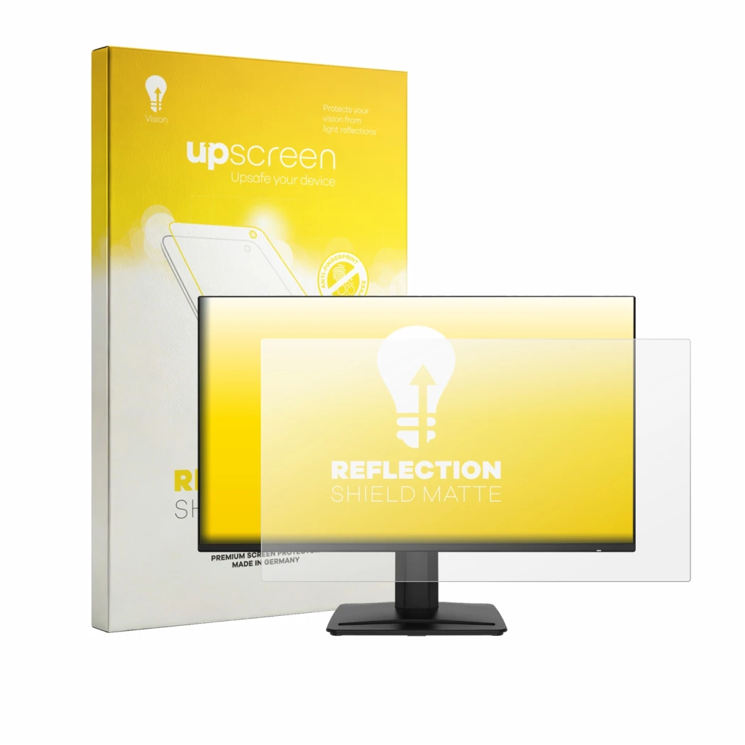Vorderseite einer Produktverpackung mit dem Markenlogo upscreen. Daneben ist das Gerät MSI PRO MP243 mit dem zugehörigen Displ