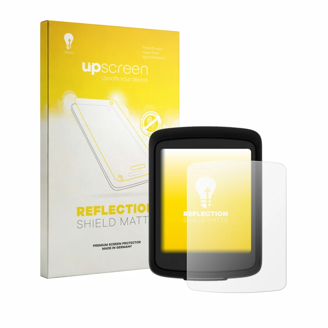 Vorderseite einer Produktverpackung mit dem Markenlogo upscreen. Daneben ist das Gerät Bryton Rider E10 mit dem zugehörigen Di