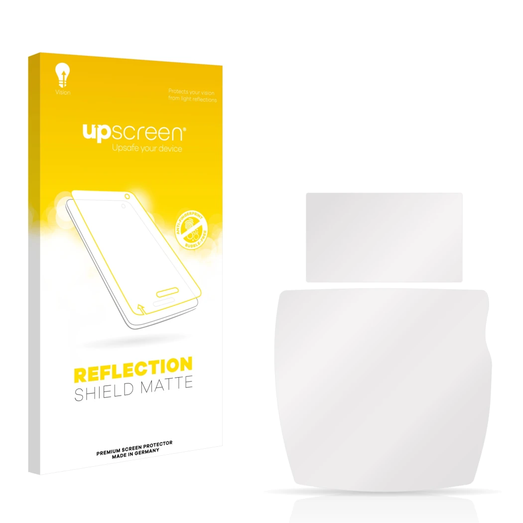 Vorderseite einer Produktverpackung mit dem Markenlogo upscreen. Daneben ist der zugehörige Displayschutz.