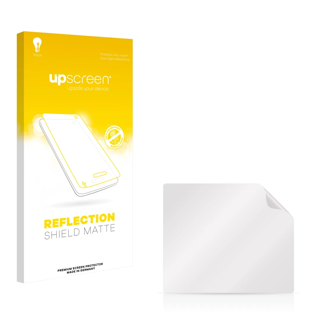 Vorderseite einer Produktverpackung mit dem Markenlogo upscreen. Daneben ist der zugehörige Displayschutz.